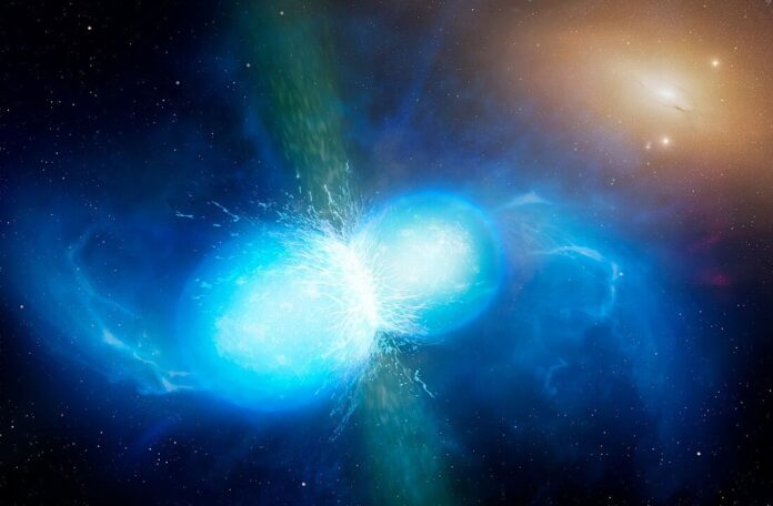 Artist's impression of neutron stars merging, producing gravitational waves (Credit : University of Warwick/Mark Garlick)